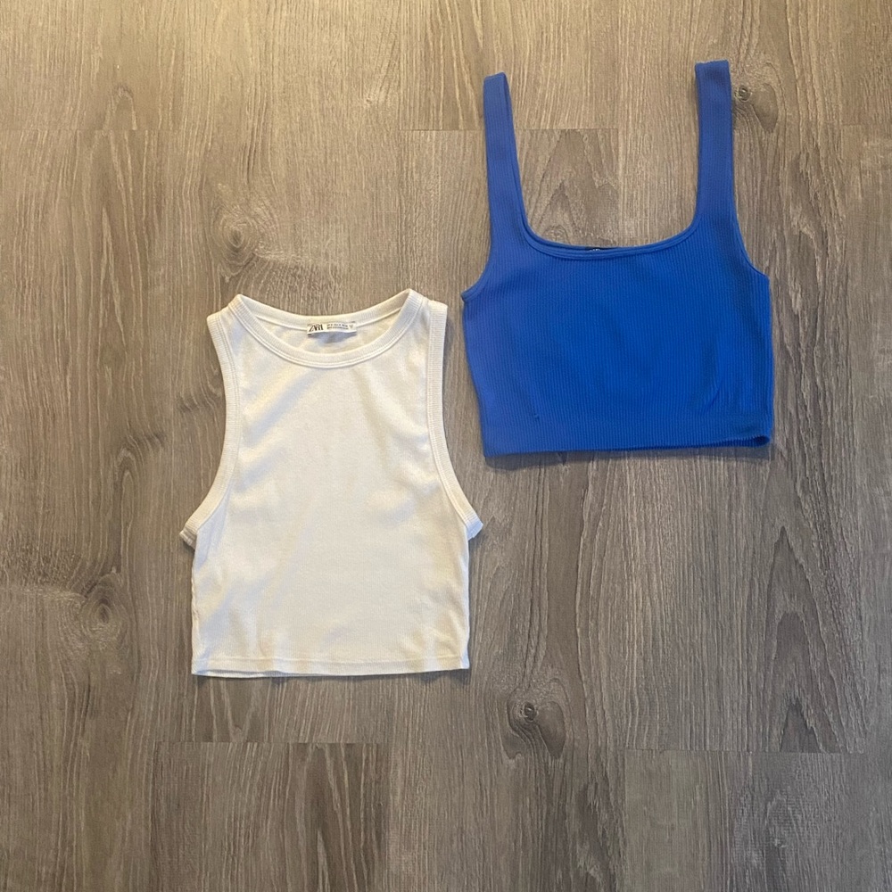 2 Zara tank tops white ribbed basic tank top and blue sculpt knit tank top